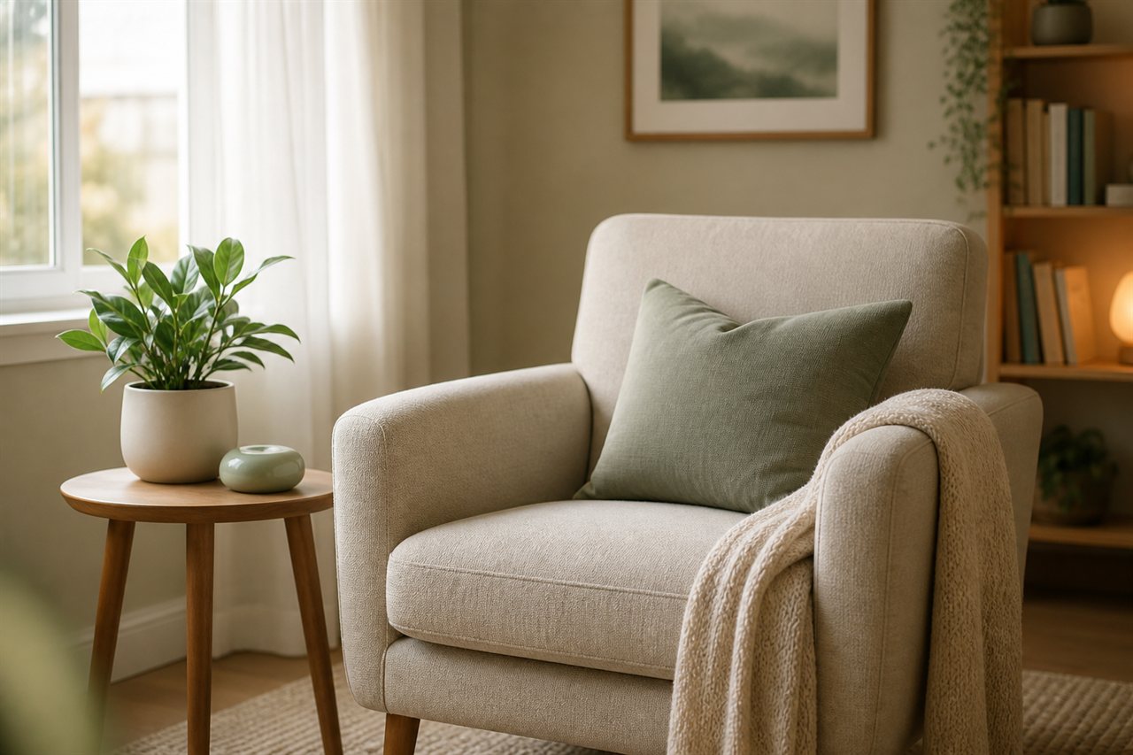 Warm, inviting counseling room with comfortable seating and natural light