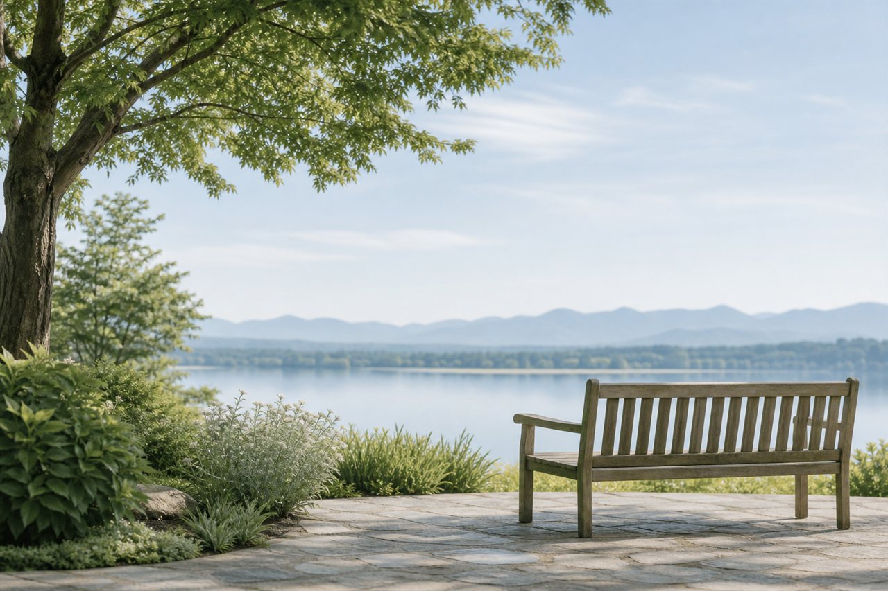 Peaceful garden bench overlooking a calm lake and mountains