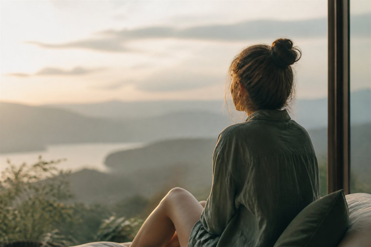 Young adult looking thoughtfully toward a calm horizon at sunrise